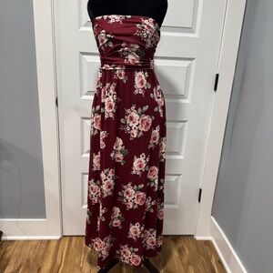 Burgundy Floral Strapless Dress